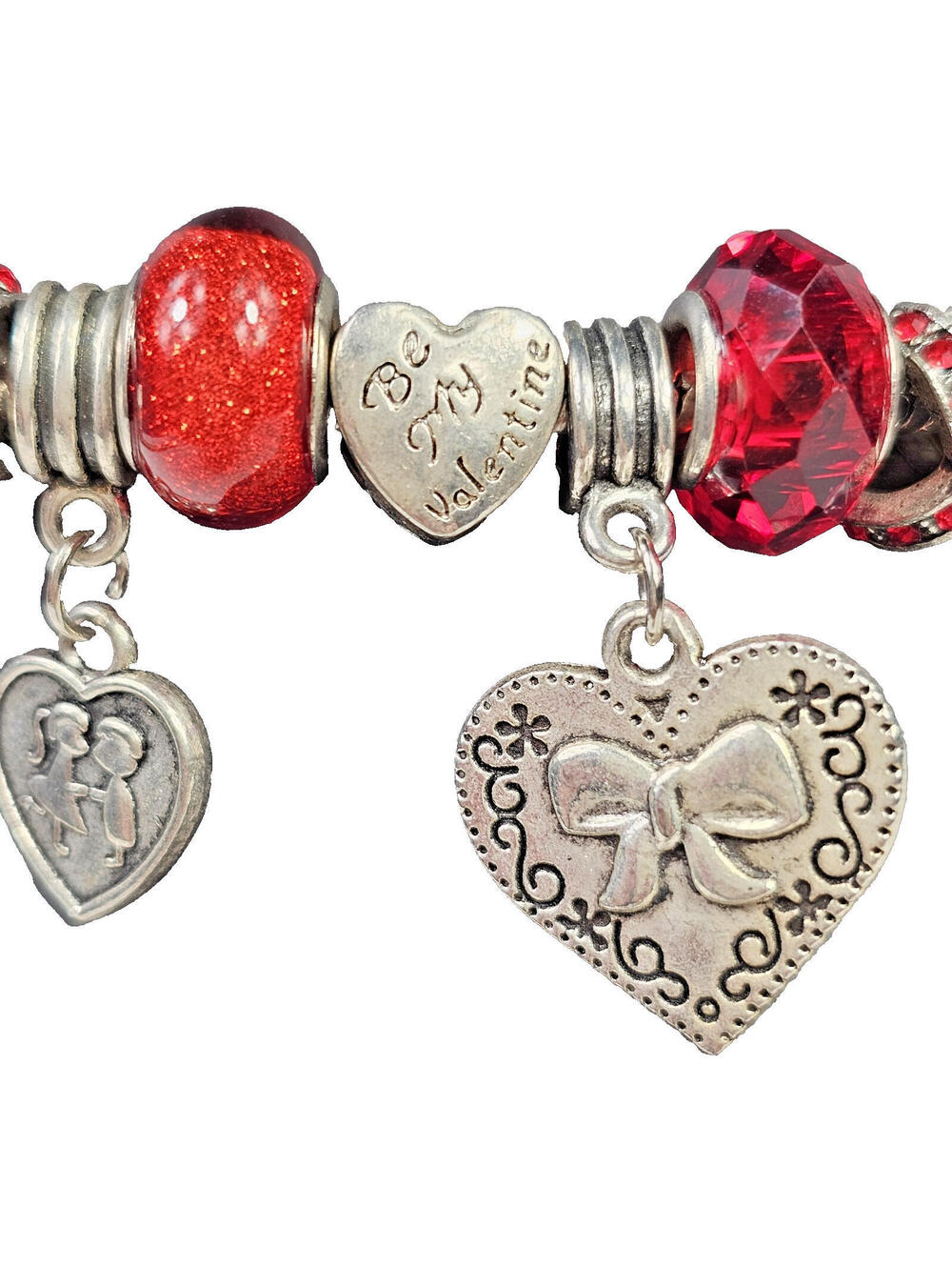 925 Charm Bracelet w 14 Charms & Safety Chain Red Love Glass, Enamel, Filigree - Picture 5 of 13